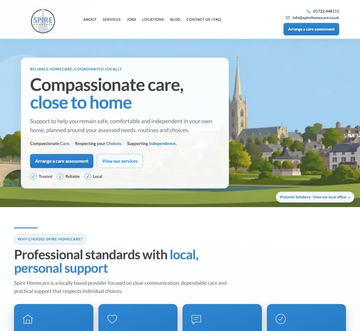 The Spire Homecare homepage, showing the care assessment buttons and the five local offices
